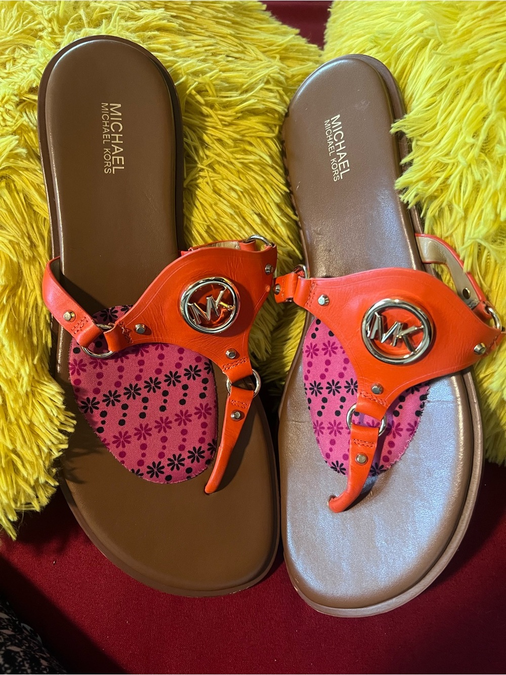 Michael Kors Orange Leather Logo Thong Sandals with Pink Floral Insole